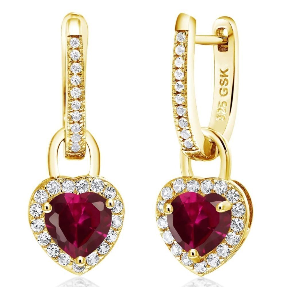 18K Yellow Gold 925 with 2.42 Cttw Red Ruby and White Sapphire Heart Earrings
